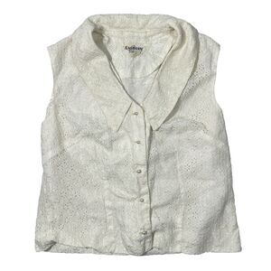 Vintage California Charmer Eyelet Blouse Ivory Floral Sleeveless Button Front S